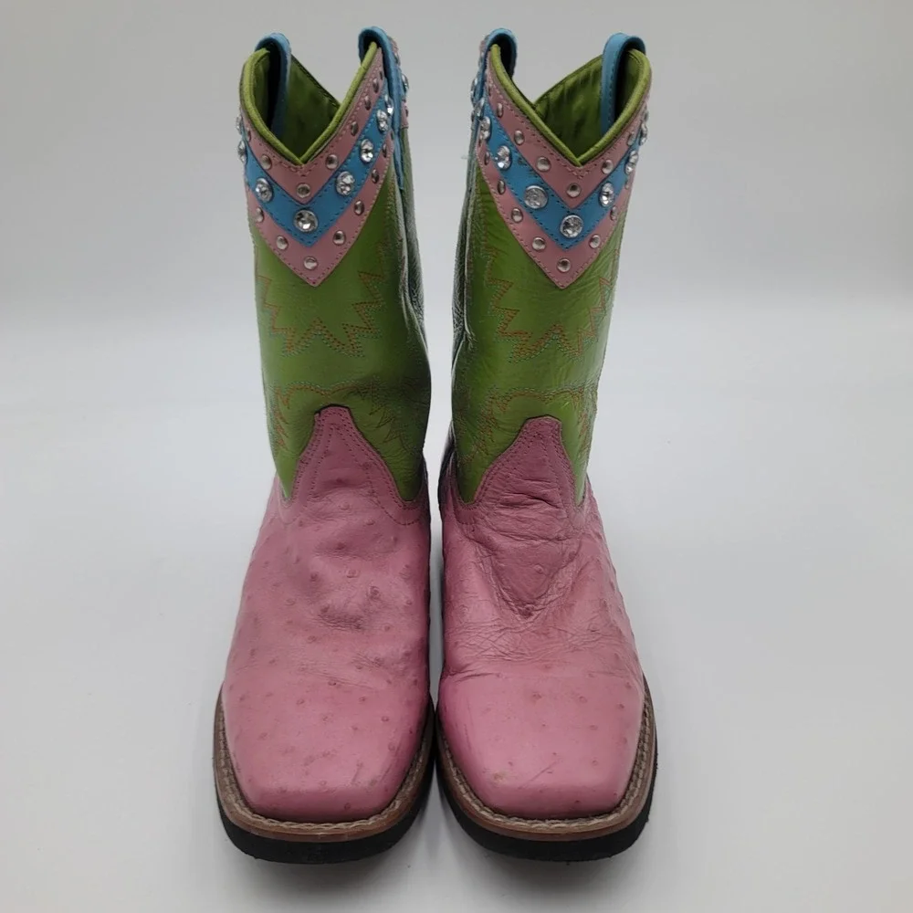 Smoky Mountain Boots Youth 4.5 D Pink Green Ostrich Print Western Boots 3281Y